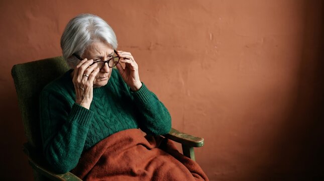 Sad senior woman adjusting eyeglasses while sitting in armchair
