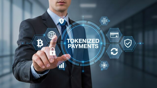 Businessman using a digital interface to manage secure tokenized payment technology