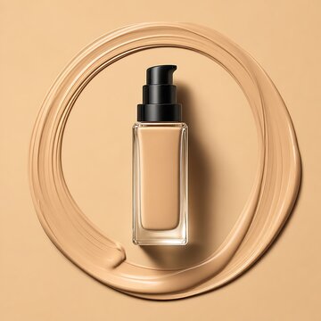 Liquid foundation glass bottle surrounded by smooth foundation swatch circle on beige background, highlighting cosmetic makeup swatch, skin tone liquid foundation, and beauty product mockup.