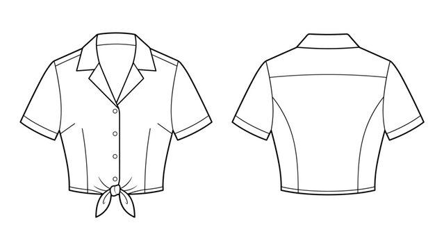 Tie Front Cropped Short Sleeve Shirt Flat Technical Drawing Illustration Blank Mock-up Template for Design and Tech Packs CAD Technical Sketch