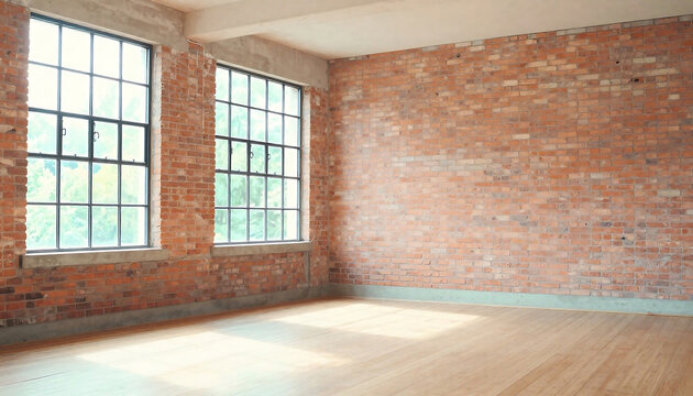 Bright empty room with large windows and exposed brick wall interior design