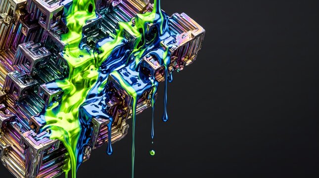 Premium commercial backdrop of iridescent geometric bismuth crystal block with flowing high gloss liquid electric lime green and deep cobalt blue chrome metallic fluid