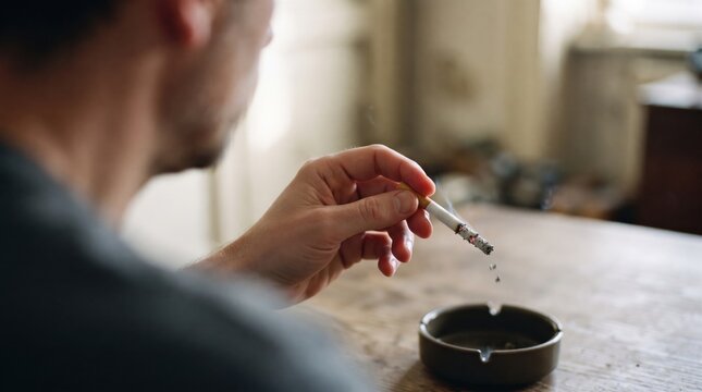 A person sits in a serene room, lost in thought while holding a cigarette. Smoke curls upwards, dancing gently in the sunlight filtering through the window.