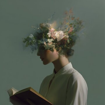 Surreal portrait of a woman reading with a blooming floral headpiece for editorial portrait background and creative concept design