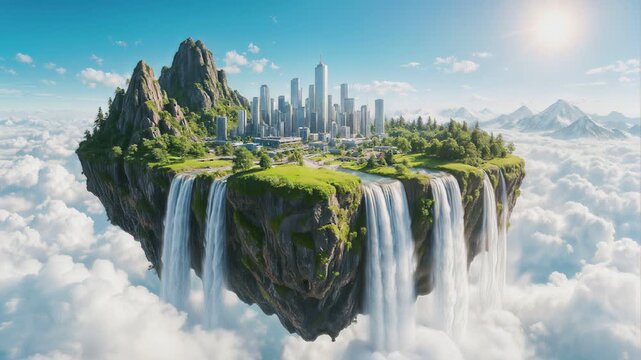 Futuristic floating city with waterfalls suspended above clouds. Wide establishing shot of fictional metropolis on airborne island.