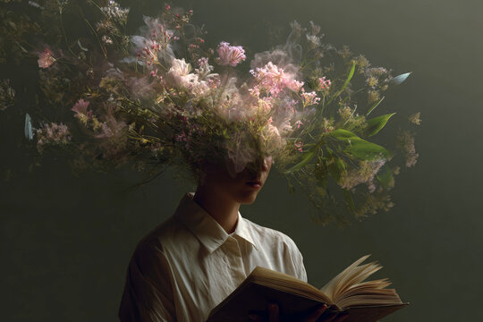 Surreal portrait of a reader with flowers and plants emerging from the head for editorial cover or conceptual poster design