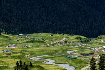 Alpine valley landscape on Genie South Line Sichuan China, winding river, grassland village and dense coniferous forest on western Sichuan plateau © Deng Xuejun