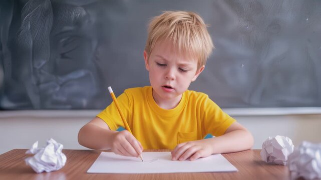 Blonde schoolboy sitting at desk and drawing on paper with pencil. Creative process in classroom with crumpled paper. Lockdown medium shot.