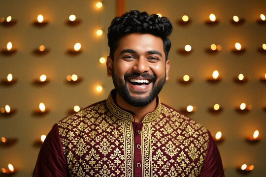 Happy Indian man smiles during Diwali festival celebration. Wears traditional maroon kurta with gold embroidery standing against wall with bright glowing diyas. Young male person celebrates Hindu