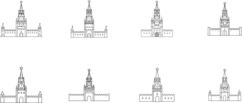 Moscow Kremlin icon set for Russia travel, architecture, landmarks, tourism, and heritage vector art.