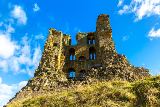 Scarborough Castle Medieval Keep above Coastline in Scarborough, North Yorkshire, England, UK