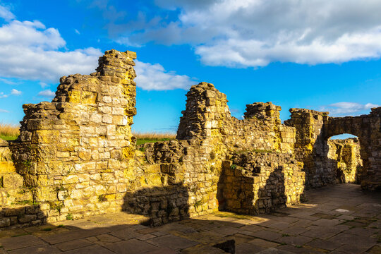 Scarborough Castle Stone medieval Ruins under Dramatic Sky in Scarborough, North Yorkshire, England, UK
