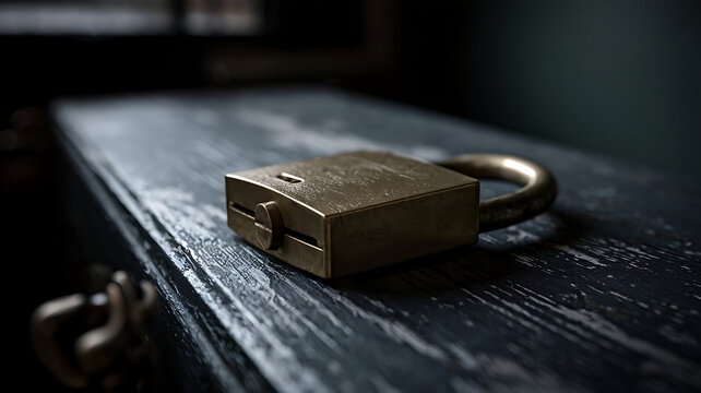 Antique padlock resting on weathered wood a symbol of security and time