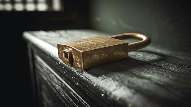 Antique brass padlock resting on weathered wooden surface security and vintage concepts