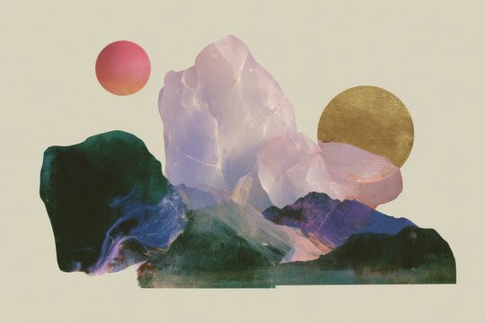 Abstract pastel marble and crystal collage with gold circle elements for background and poster design