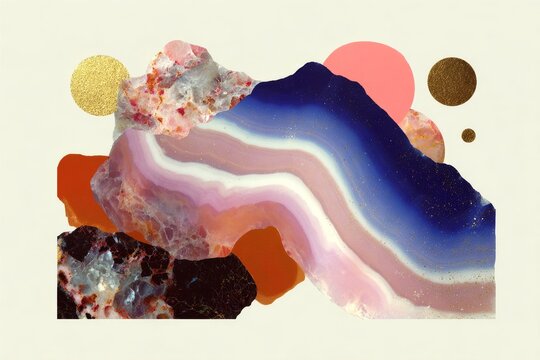 Abstract marble agate collage with polished stone fragments and gold accents for elegant background and poster design