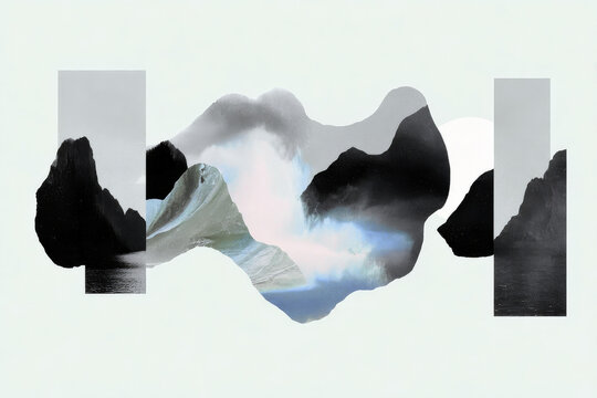 Polished marble collage with mountain silhouettes and mist fragment for minimalist background and poster design