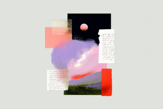 Pastel mixed media collage with handwritten notes moon and painterly landscape for minimalist poster or background design