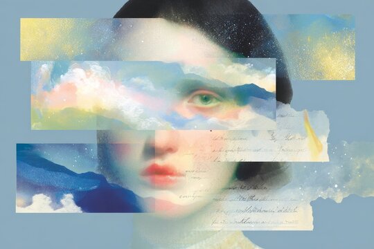 Dreamlike portrait collage with handwritten diary fragments and sky strips for surreal poster background and mixed media design