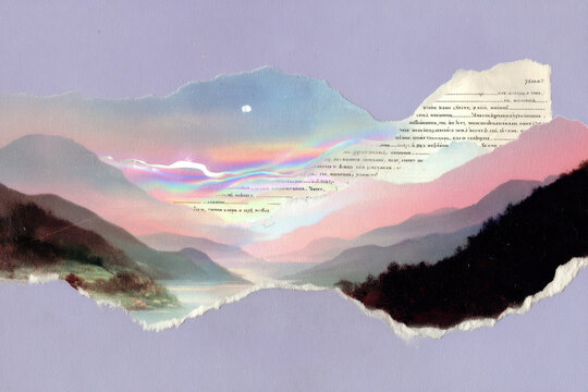 Pastel surreal landscape collage with torn diary page and layered mountains for background and wallpaper design with dreamy aesthetic
