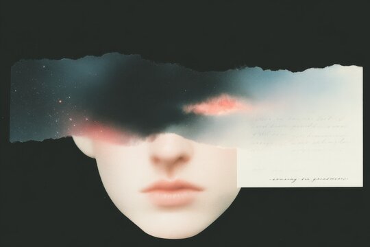 Surreal fragmented face collage with torn cloud and handwritten diary page for moody poster background and layered art composition