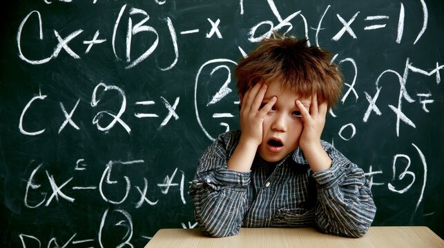 Little boy in math class feeling overwhelmed by complex formula on classroom board, showing education challenges, learning difficulties, student emotions and school study concepts