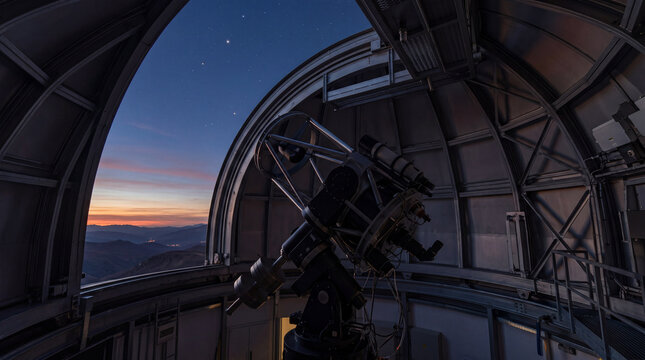 Large telescope inside observatory dome at dusk with mountain view
