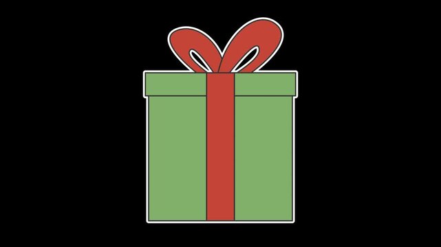Seamless looping animation of a bouncing green gift box with a red ribbon bow for Christmas winter concepts. Flat style sticker design element isolated on transparent alpha channel background