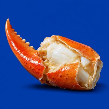 Minimalist macro shot of cooked red crab claw with cracked shell revealing fresh white meat on blue background