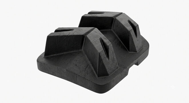 Macro of a single chevron-shaped trail running shoe outsole lug made of dense, matte black high-friction rubber.