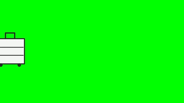 A white rolling suitcase with a green handle on a bright green background, isolated for easy compositing.