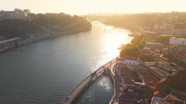 Golden hour aerial view over Douro River and, Porto, Portugal