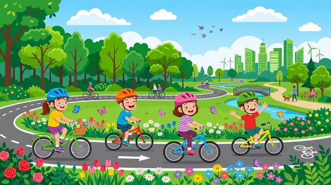 Group of Happy Kids Riding Bicycles on a Scenic Park Path Cartoon Illustration