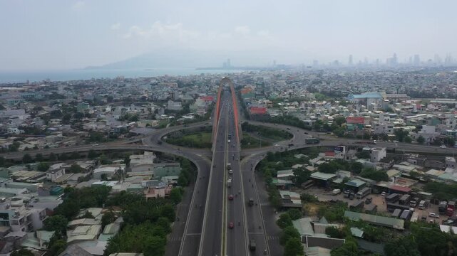 Aerial drone footage of Da Nang city skyline and " nga 3 Hue " , Vietnam.