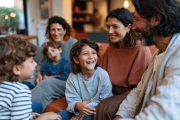 Fototapeta premium A vibrant family sits together in their living room, exchanging joyful smiles and laughter, symbolizing love and connection among family members in a delightful setting.