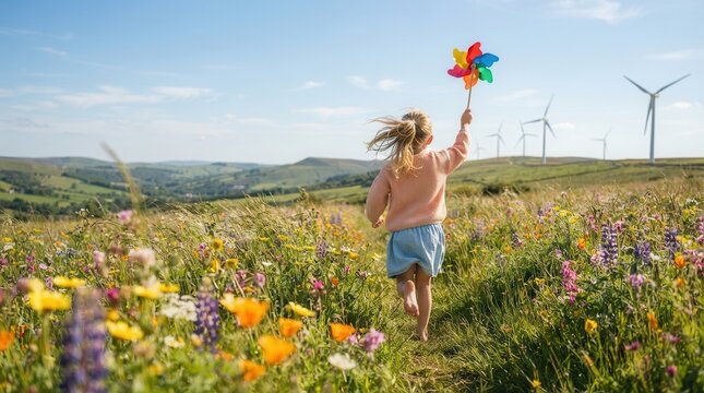 Summer scene featuring a child holding a colorful pinwheel amidst renewable energy wind turbines.