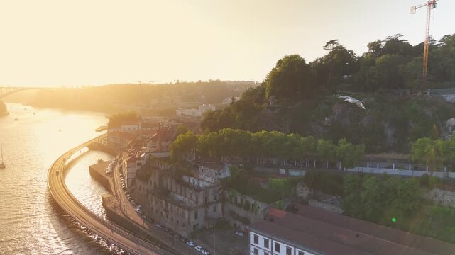 Aerial View of Ribeira District along the Douro, Porto, Portugal