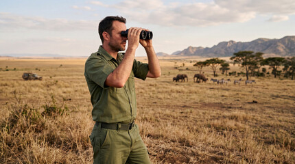 Obraz premium Wildlife ranger observing elephants and zebras through binoculars in the African savanna
