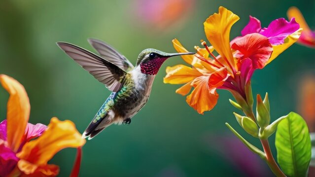 Hummingbird Nectar Feast: A vibrant hummingbird with iridescent plumage hovers mid-air, its long beak delicately sipping nectar from a cluster of brightly colored tropical flowers.