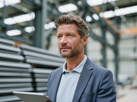 A man in a blazer stands thoughtfully in an industrial warehouse, holding a tablet with metal pipes and steel structures in the background.