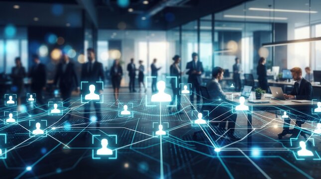 Connected workforce in a modern corporate environment through an abstract digital network.