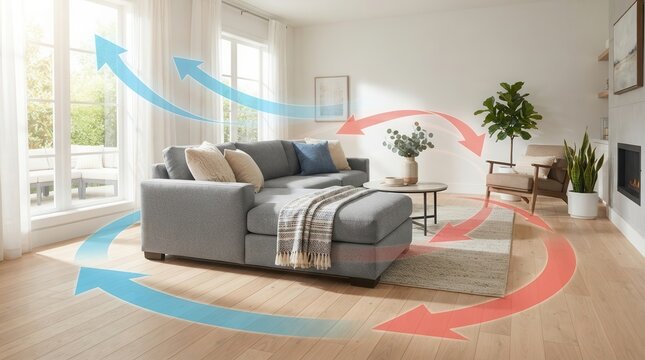 Modern living room showcasing air conditioning technology with colorful airflow patterns for optimal comfort.