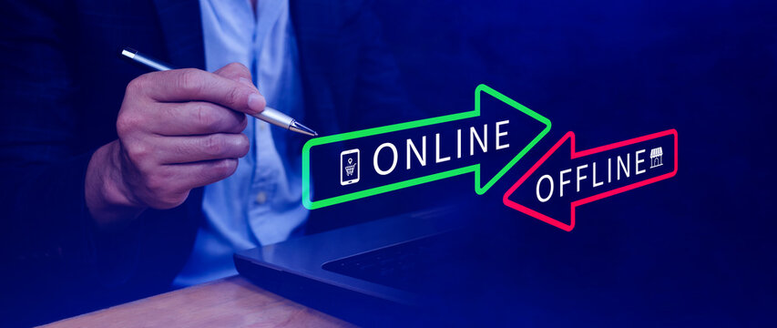 Online vs offline business sales or marketing strategy concept, Transition from offline to online in commerce business.