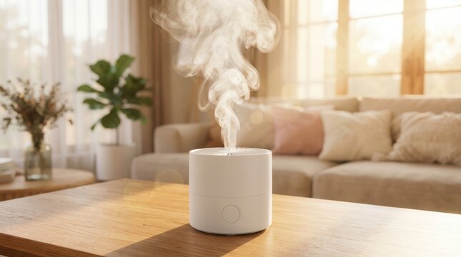 Enhancing indoor air quality with a modern humidifier emitting steam in a home setting.