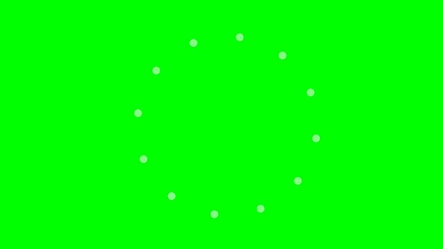 A circular loading indicator with small white dots on a bright green background, symbolizing waiting or progress.
