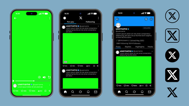 Green screen video mockups on X, Chroma key player templates inside smartphones, Digital content creation elements with user profiles