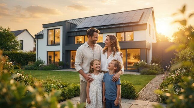 Modern home with solar panels and a smiling family embracing sustainable living.