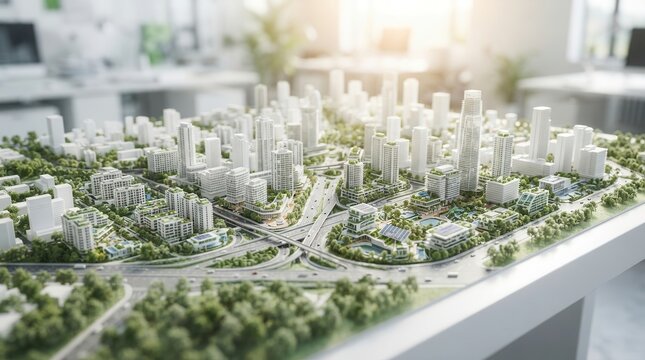 Sustainable development concept showcasing a modern city model with lush green areas.