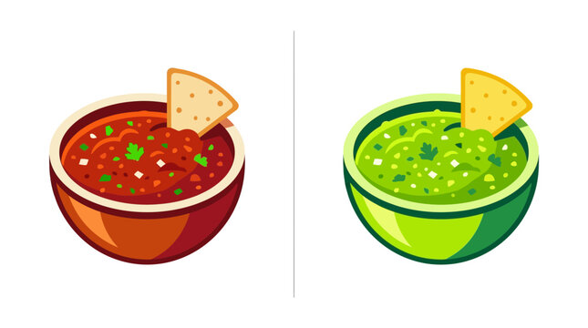 Flat vector illustration of red and green dipping sauces in bowls with corn chips