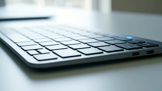 Modern wireless keyboard close-up with glowing led indicator on minimalist office desk for tech and business productivity concepts